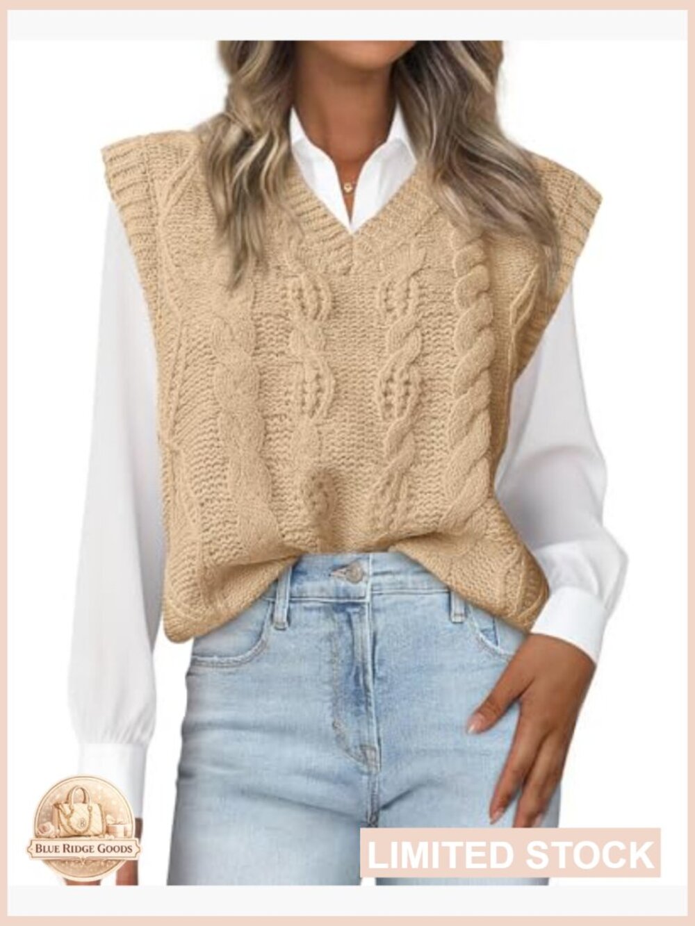 Oversized Cable Knit Sweater Vest V-Neck Loose Fit Pullover Casual Chic - Picture 2 of 7